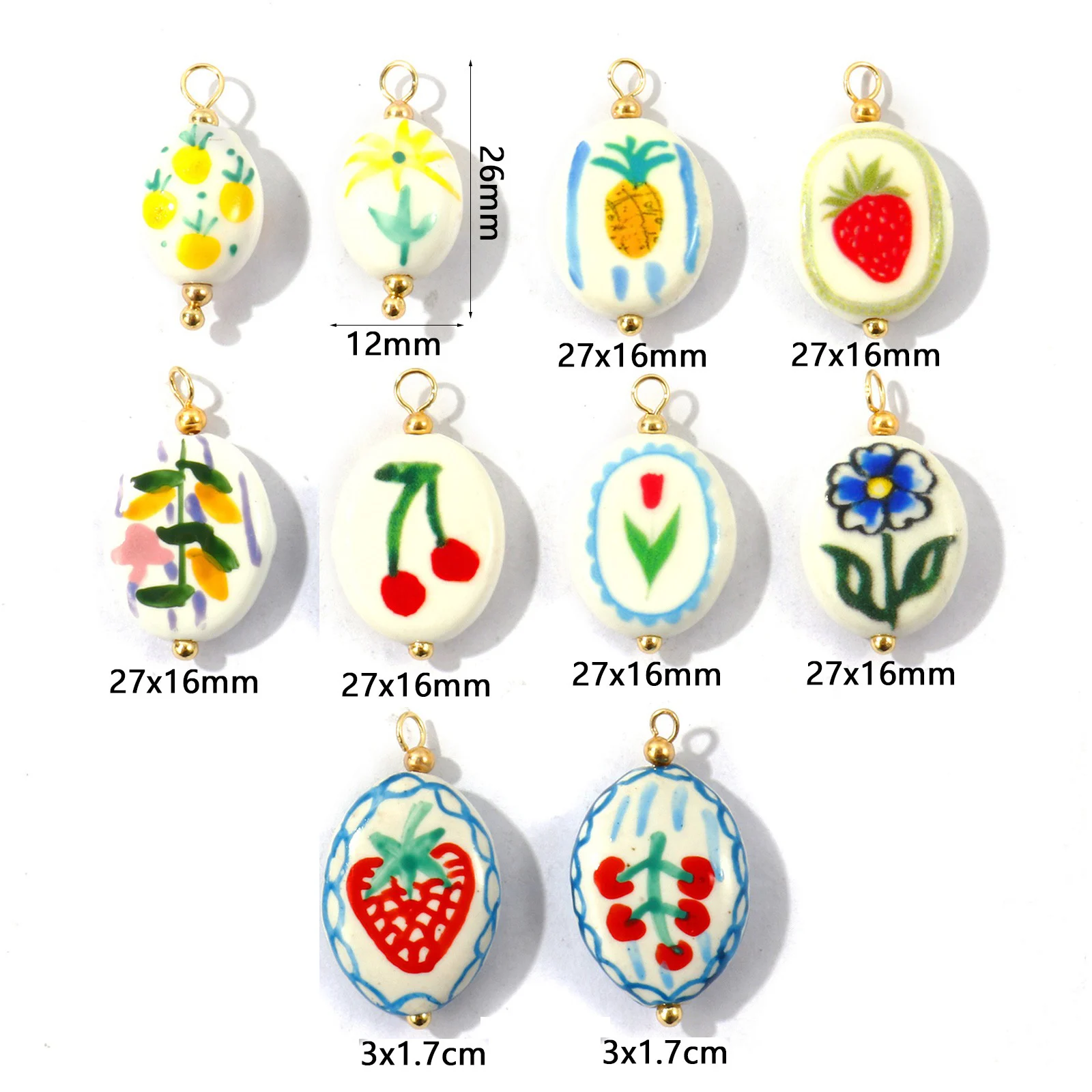 2pcs Multicolor Oval Fruit Cherry Strawberries Ceramic Pendants Double Sided Printed Gold Plated Pendants DIY Necklace Jewelry