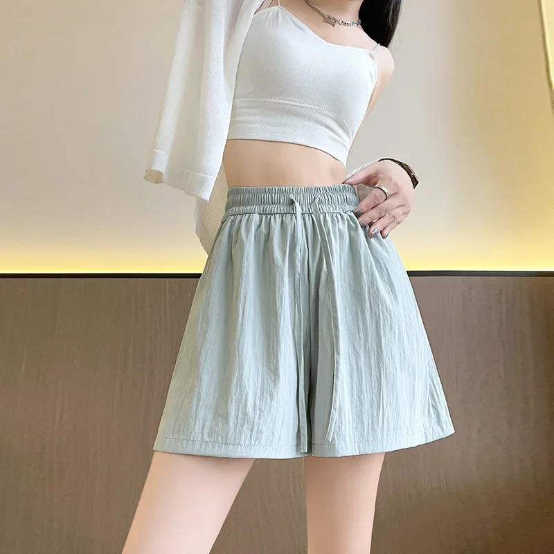 Summer 2025 New High Waist  Wide Leg Pants Elegant Light Green Drawstring Loose Casual Pants Korean Fashion Solid Color Shorts