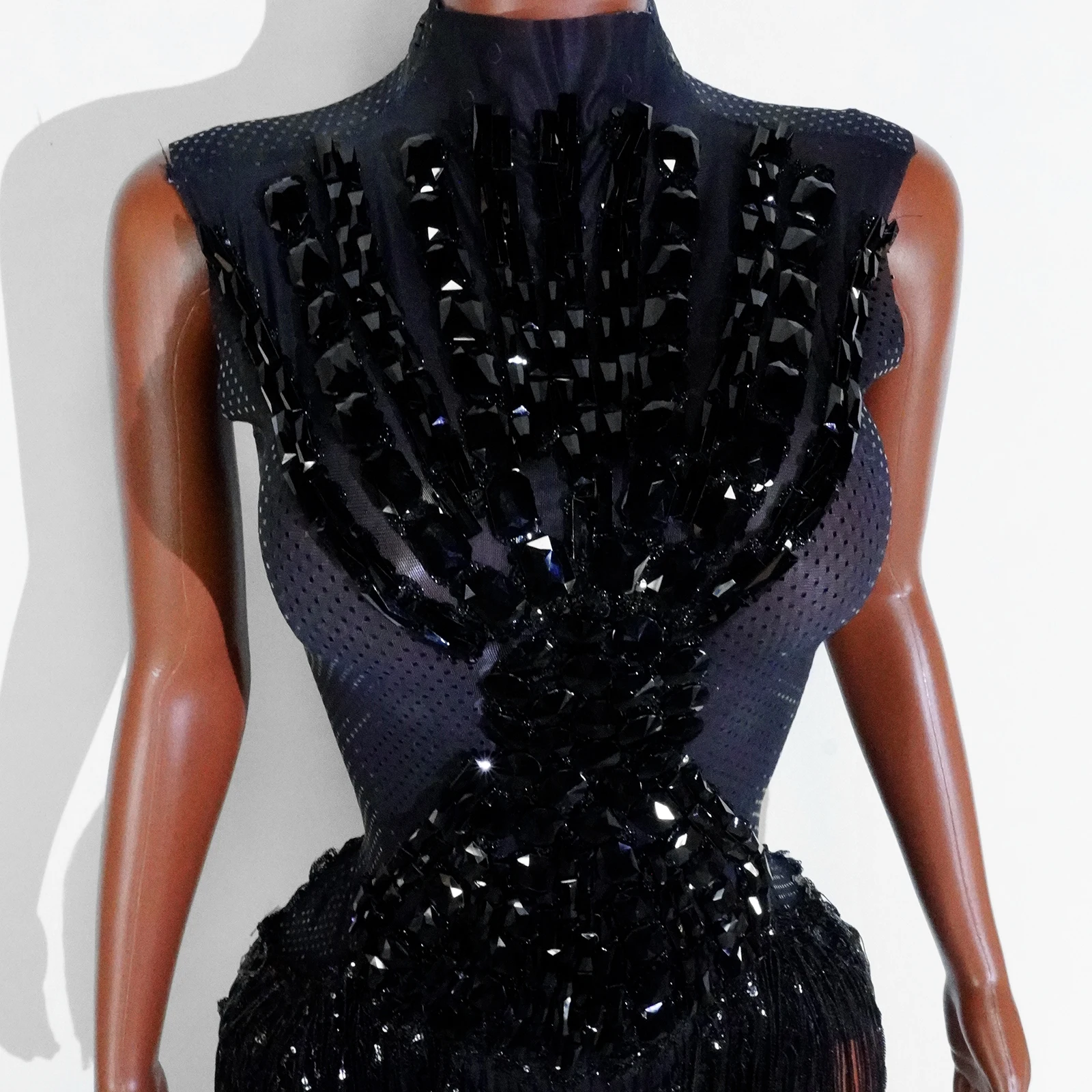 Sexy Black Mesh Tassel Bodysuit Sequins Design Dancer Performance Birthday Party Dance Costume Stage Wear Nightclub Drag Queen