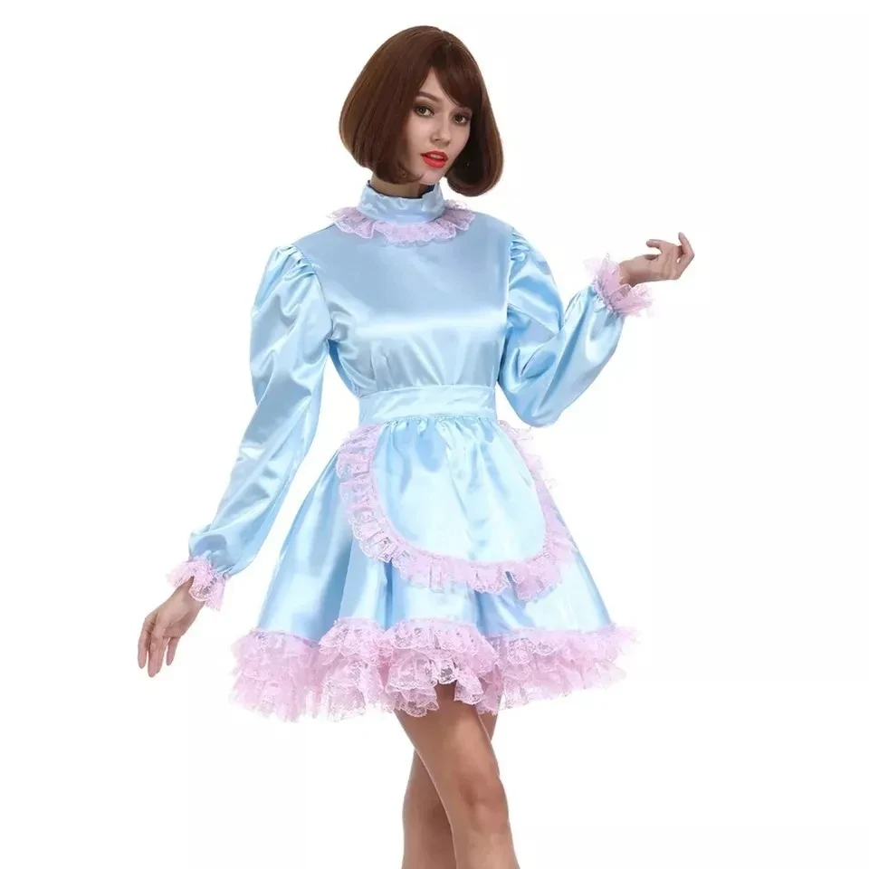 Sissy blue satin dress lockable, maid cosplay costume can be customized