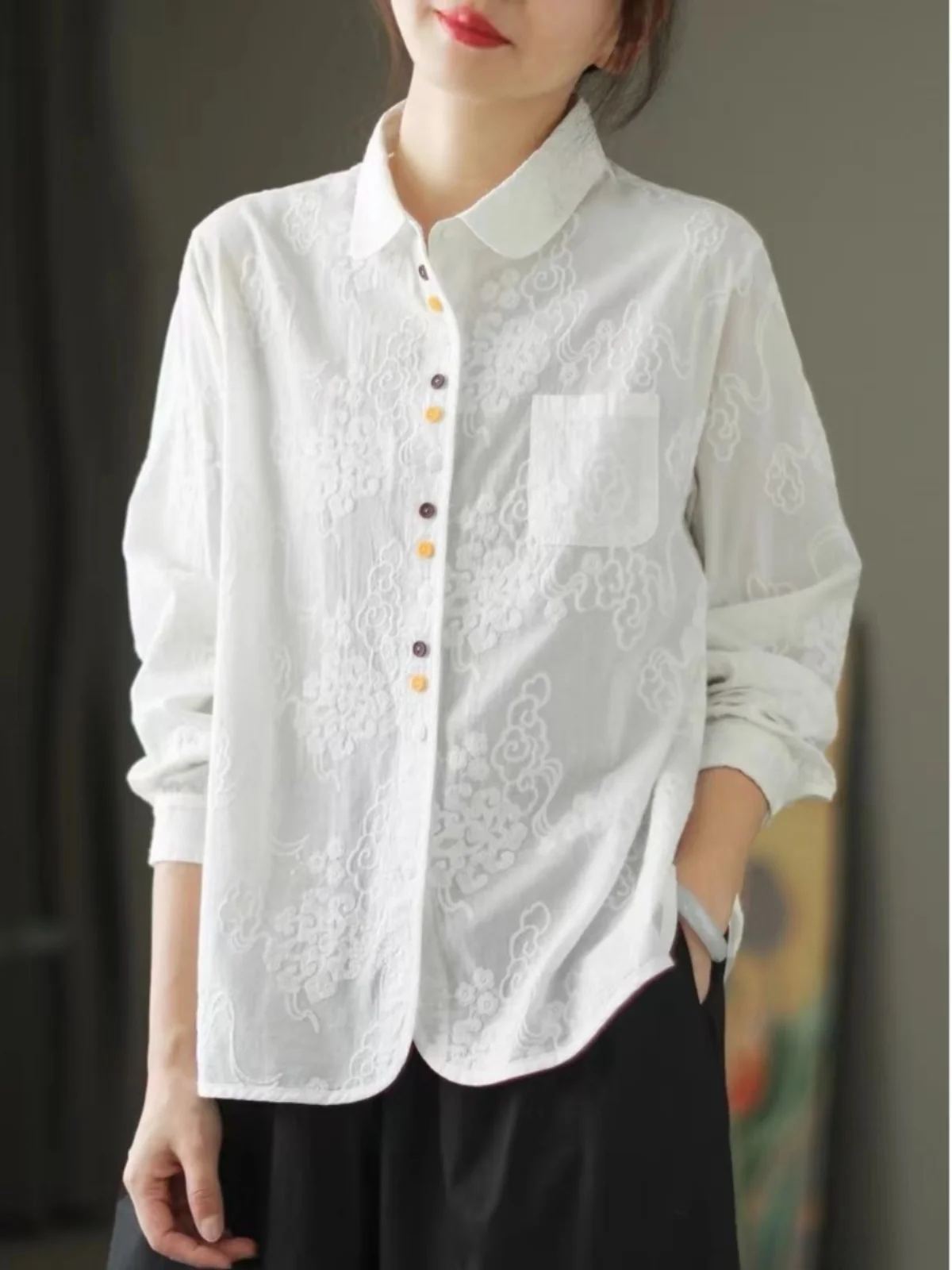 

Высококачественный японский женский хлопковый однотонный базовый слой с вышивкой и воротником-орта, длинный све, обычная длина