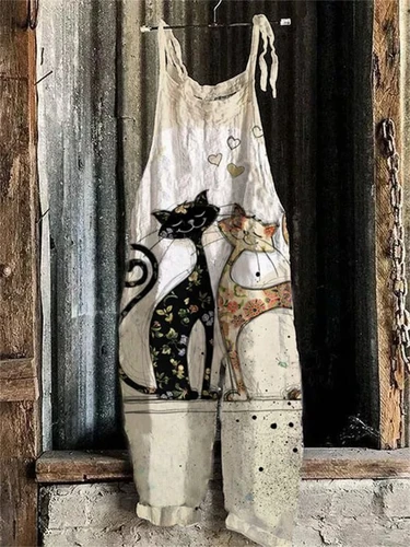 Imagen 1 del producto Nuevo Pelele con estampado de gato divertido para mujer, pelele con correa ajustable, pelele de pierna ancha de otoño, mono holgado informal con pechera y mono con correa