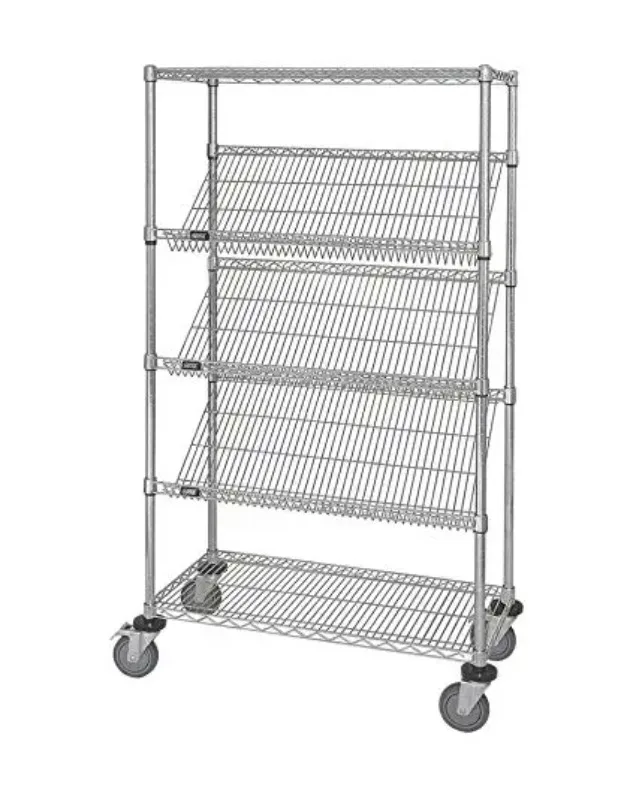 

【2026】Усиленная 5-слойная хромированная сетчатая витрина с блокирующимися колесами и наклонными полками для выставок/магазинов