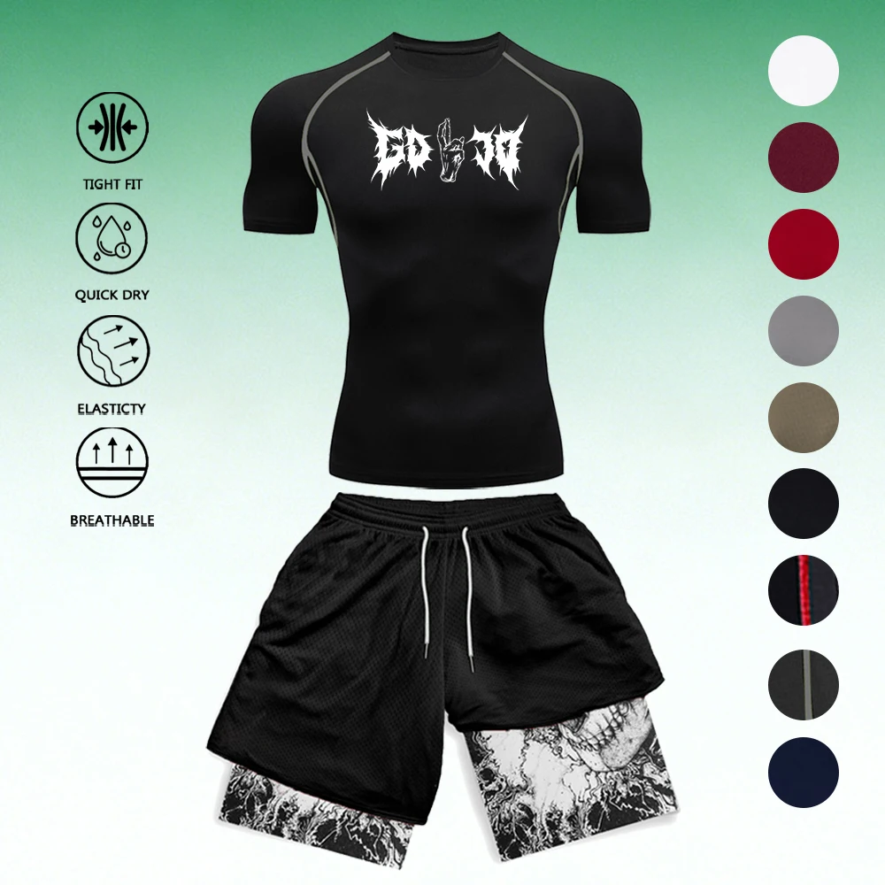 

Men's Compression Workout T-Shirt Gothic Text Print + 3D Double Layer Shorts Set Quick Dry Breathable Gym Running Sportswear