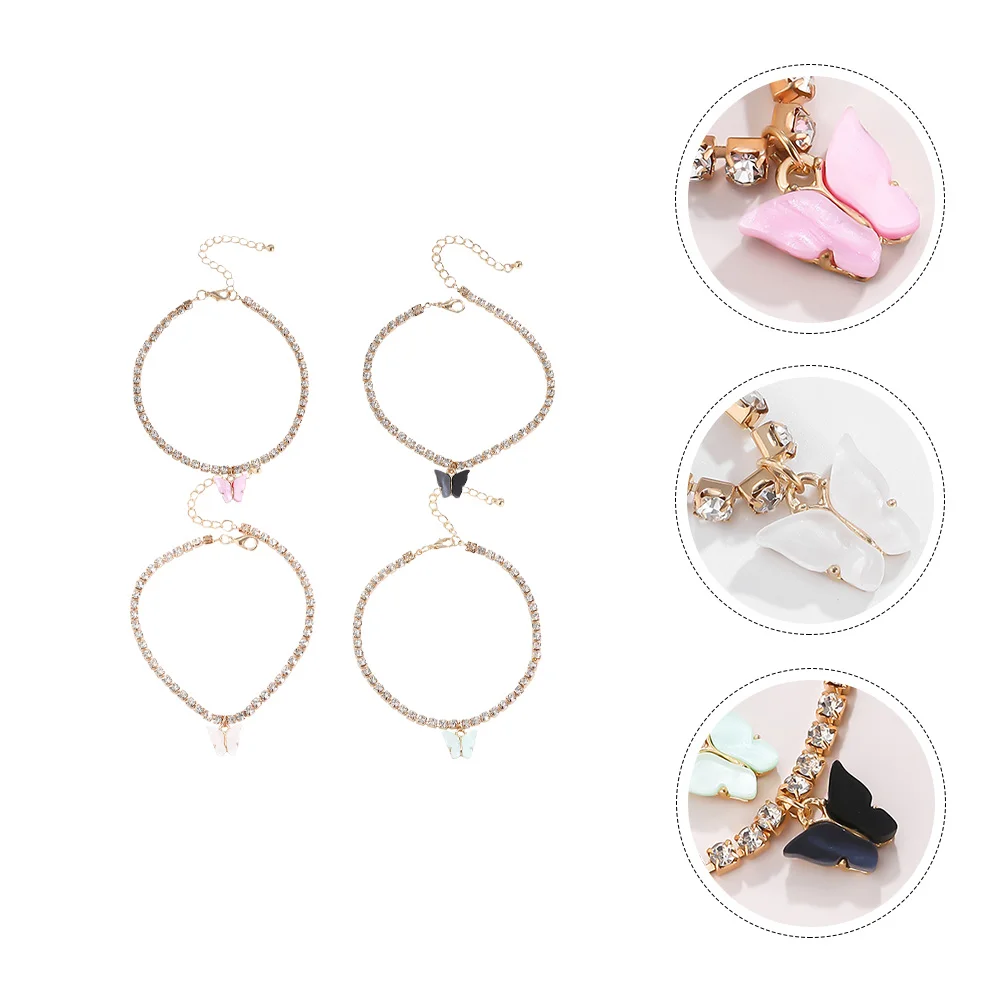 

4pcs Alloy Chain Rhinestone Women Girl Pendant Unique Design Durable Gift For Party Beach Shopping Daily Wear Glass Butterfly
