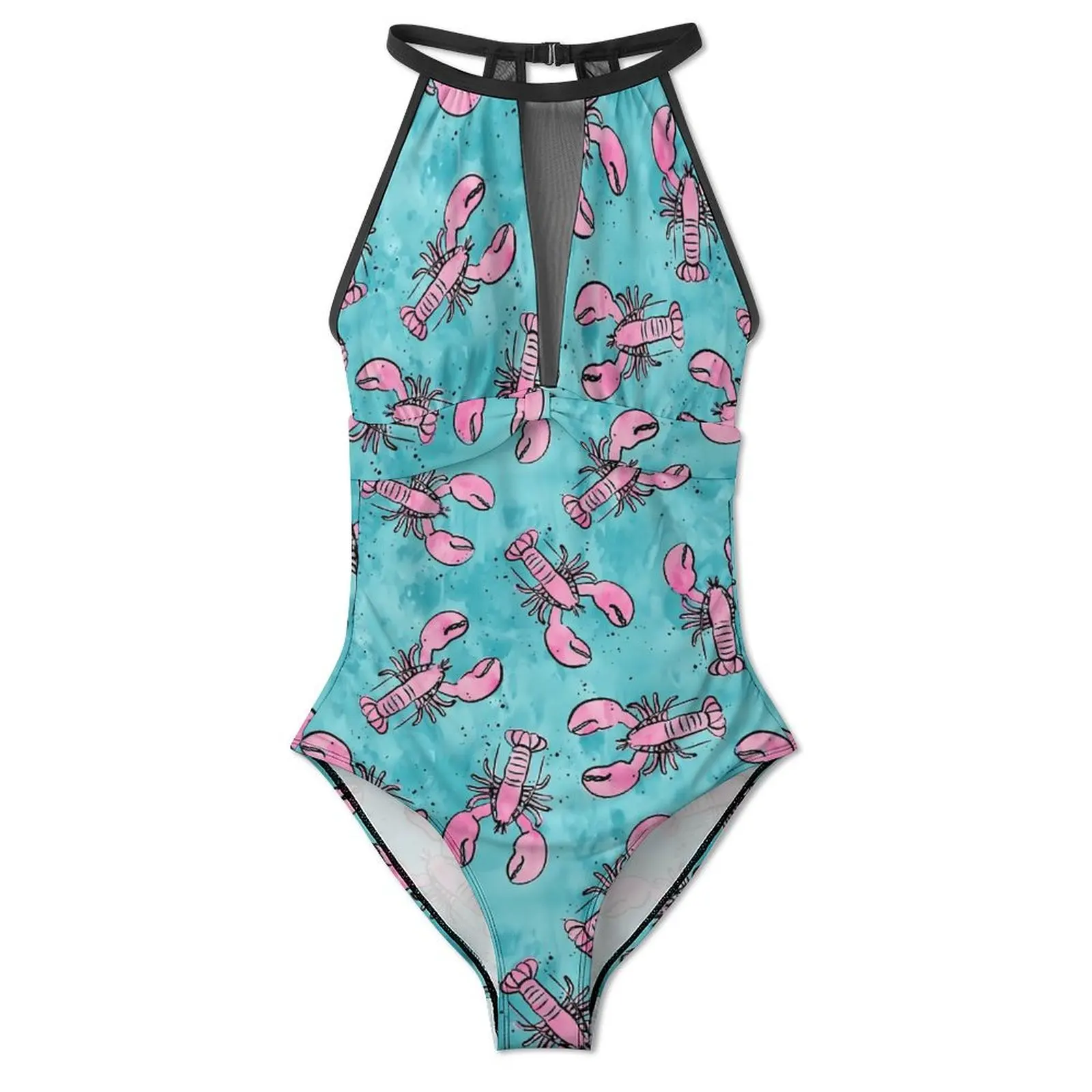 Lobsters Print Swimsuit Sexy Pink And Blue One Piece Swimwear Push Up Swimsuits Sweet Surfing Bathing Suits