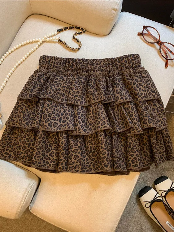 Korean Style Leopard Print Puffy Cake Short Skirt Women's New 2026 Autumn Small Size Age Reduction Versatile Half-length Skirt