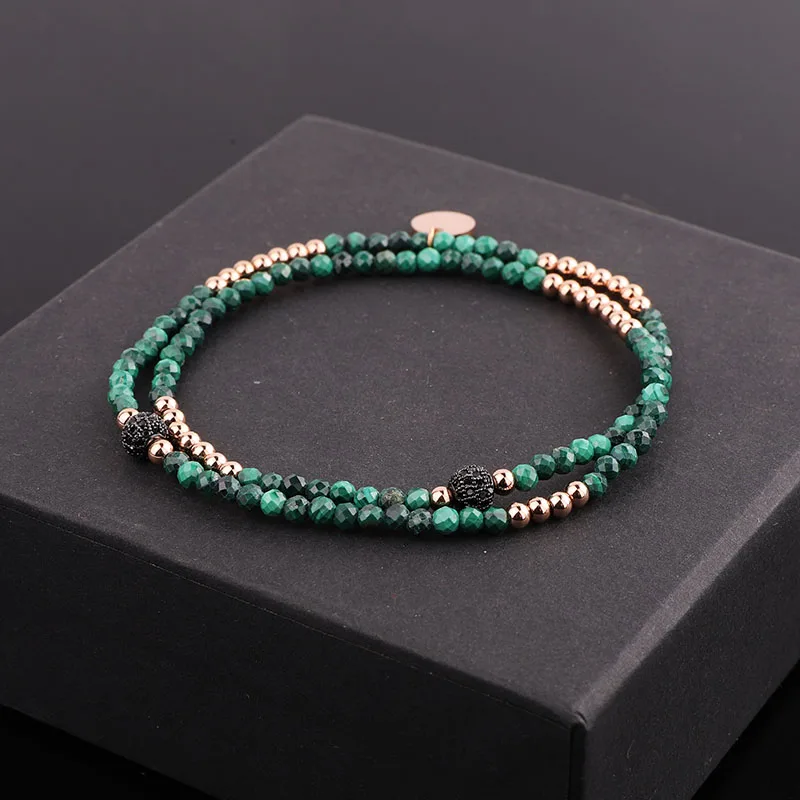New Cute Elegant Design 3MM Natural Stone Malachite CZ Pave Charm Elastic Beads Bracelet For Women Jewelry Gift