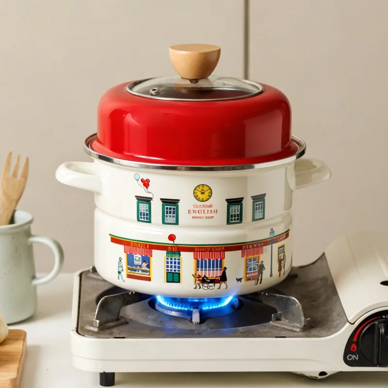 Double-layer Enamel Steamer Cookware Cooking Pot Tier 2 Steaming Grids 1 Cooking Pot 20cm Steamer Pot Steamed Bun Food Steamer