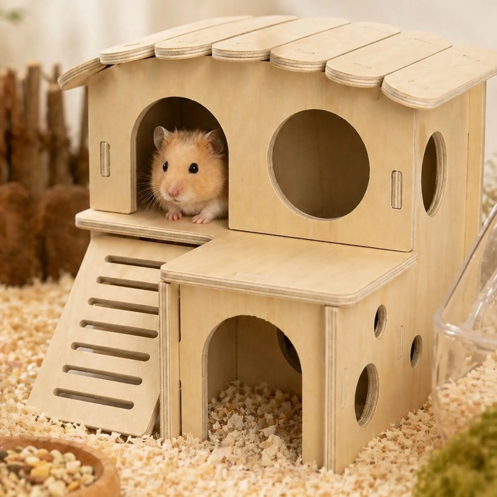 

Double-Decker Hamster House Multi-Functional Stairs Wooden Hamster House Double-Decker Hideout Polished Edges Pet Shelter