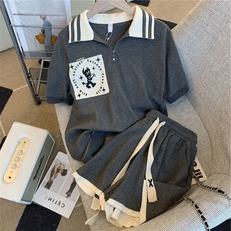 

Summer Casual Cotton Shirt Short Sleeve Women's Set Korean Style Student Fashion Street Sport Two-Piece Trendy Outfit