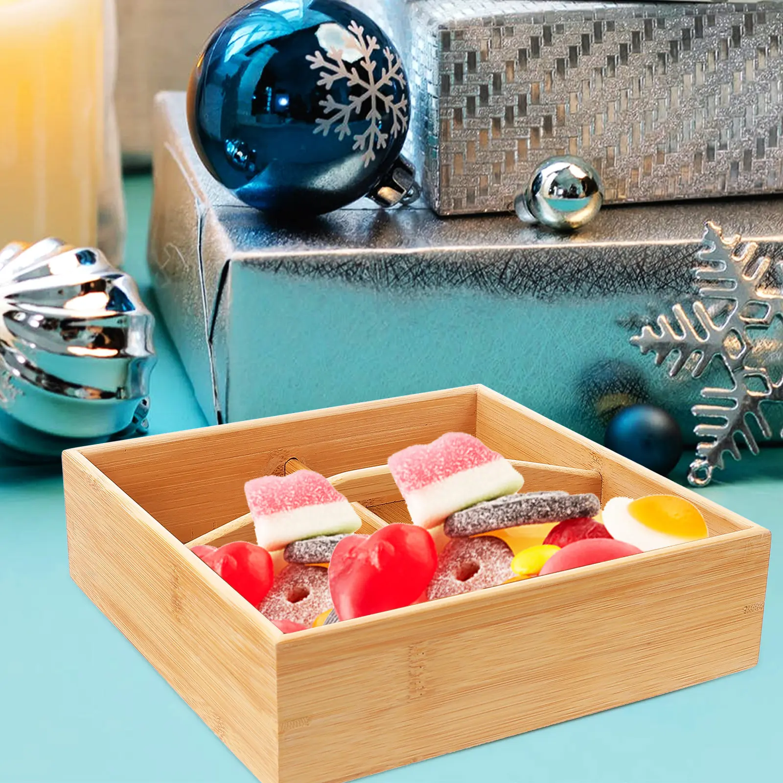 Divided Bamboo Serving Tray for Snacks Fruits Nuts Olives Veggie Appetizers Dry Fruit Storage Pantry Organization Desktop Party