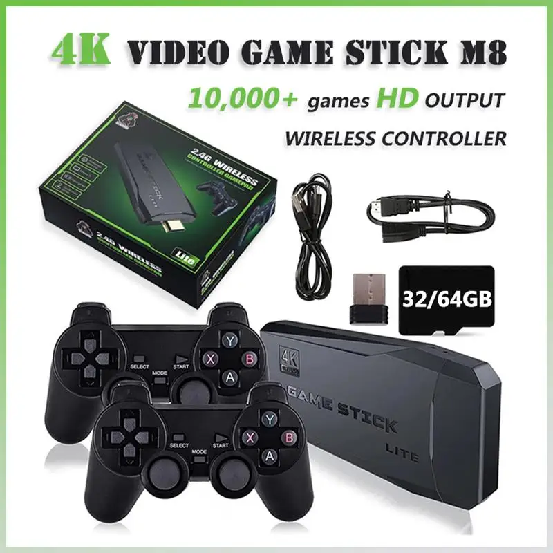 탑 비디오 게임 스틱 M8 콘솔 2.4G 더블 무선 컨트롤러 게임 스틱, PS1 GBA용 4K 10000 게임, 64GB 레트로 게임 