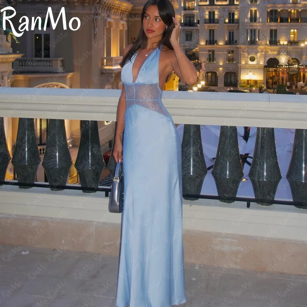 

Ranmo Modest Crepe Evening Dresses Elegant Halter Deep V Neck Pleats Mermaid Arabia Prom Gown Ruffle Party Dresses Customized
