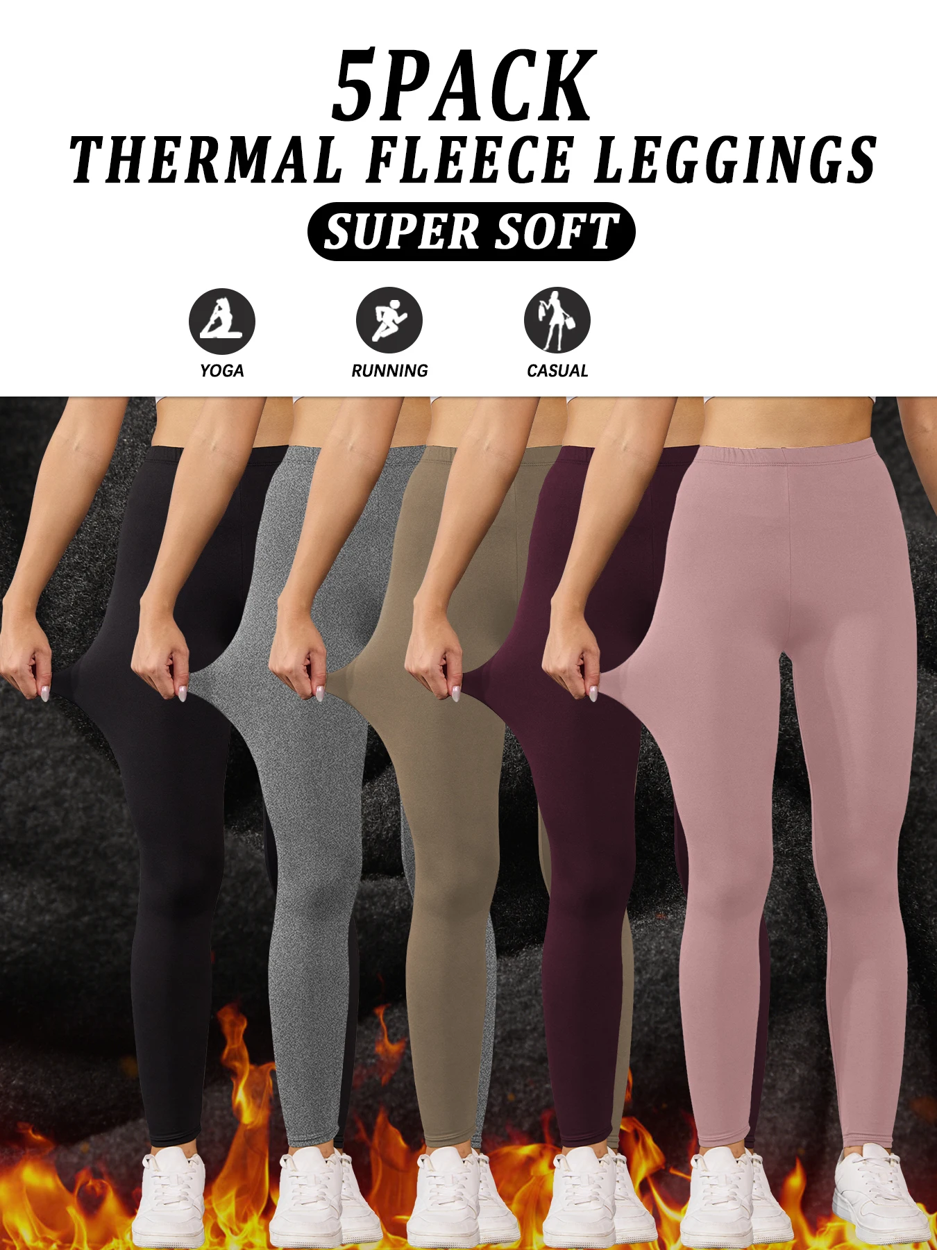 5PACK เลกกิ้งบุขนแกะนุ่มพิเศษผู้หญิง, ออกกำลังกายโยคะวิ่งกางเกงอุ่นความร้อนสำหรับฤดูหนาวที่หนาวเย็น