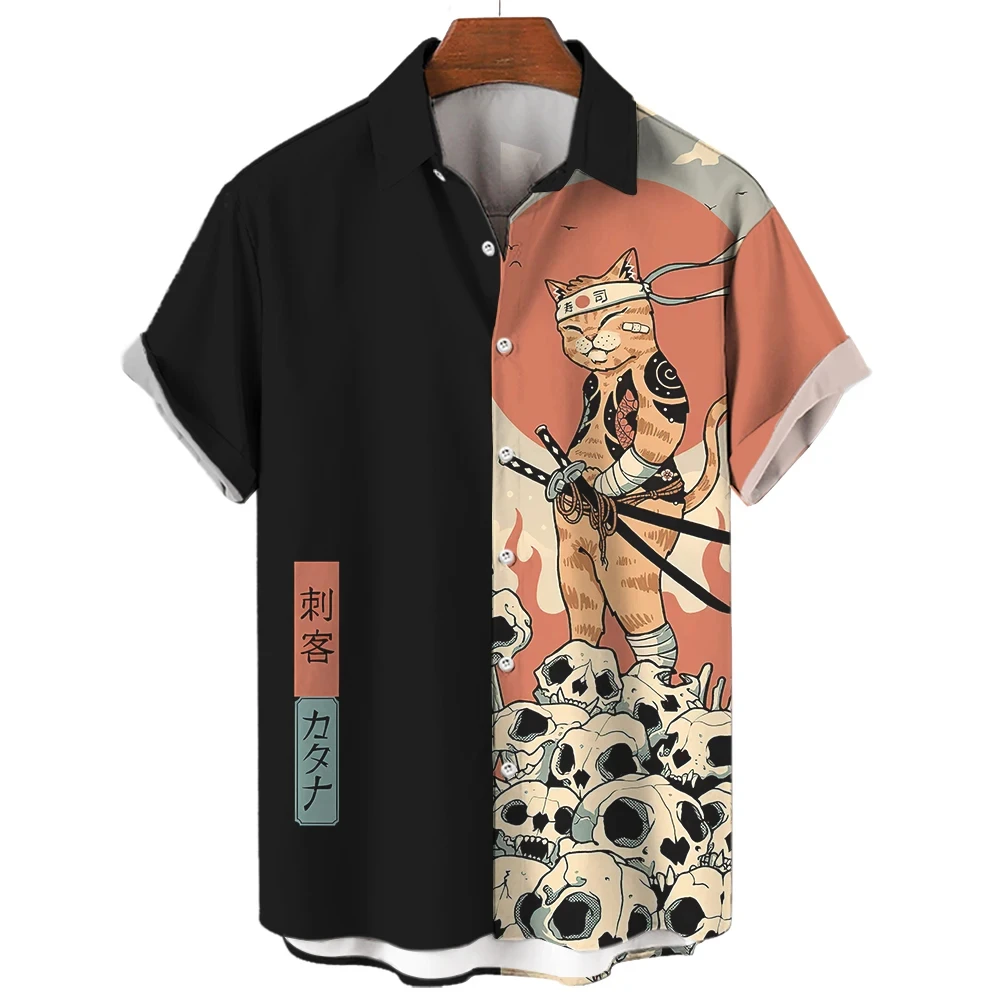 Fashion Men\'s Shirt Cool Samurai Cat Tops Summer New Men\'s Clothing Casual Short-Sleeved Buttons Loose Blouse Hawaiian Shirts