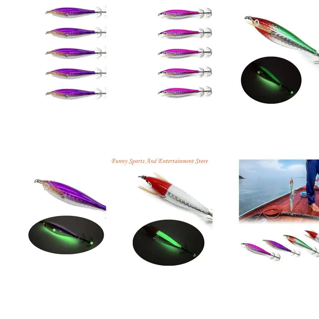

C4DE 5Pcs Glow Jig Hook for Saltwater Fishing Glow Squid Jig Hook Floating Horizontal Shrimp Lure Night Fishing Baits