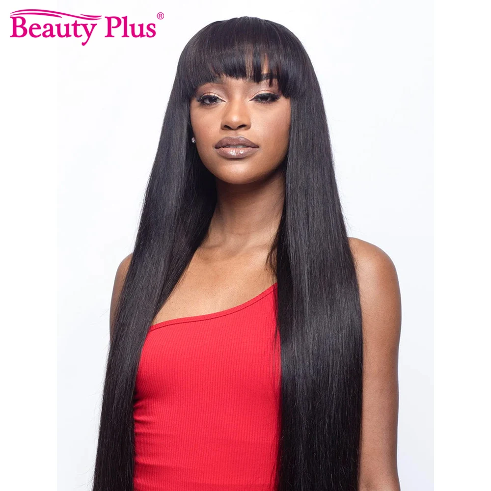 32 34 Inch Straight Human Hair Fringe Wig With Bangs Remy Brazilian Human Hair Machine Made Wig For Women Glueless Wig