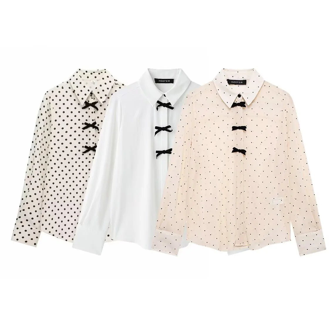 

Spring New Women's Clothing European And American Style French Fashion Temperament Bow Polka Dot Long-sleeved Shirt