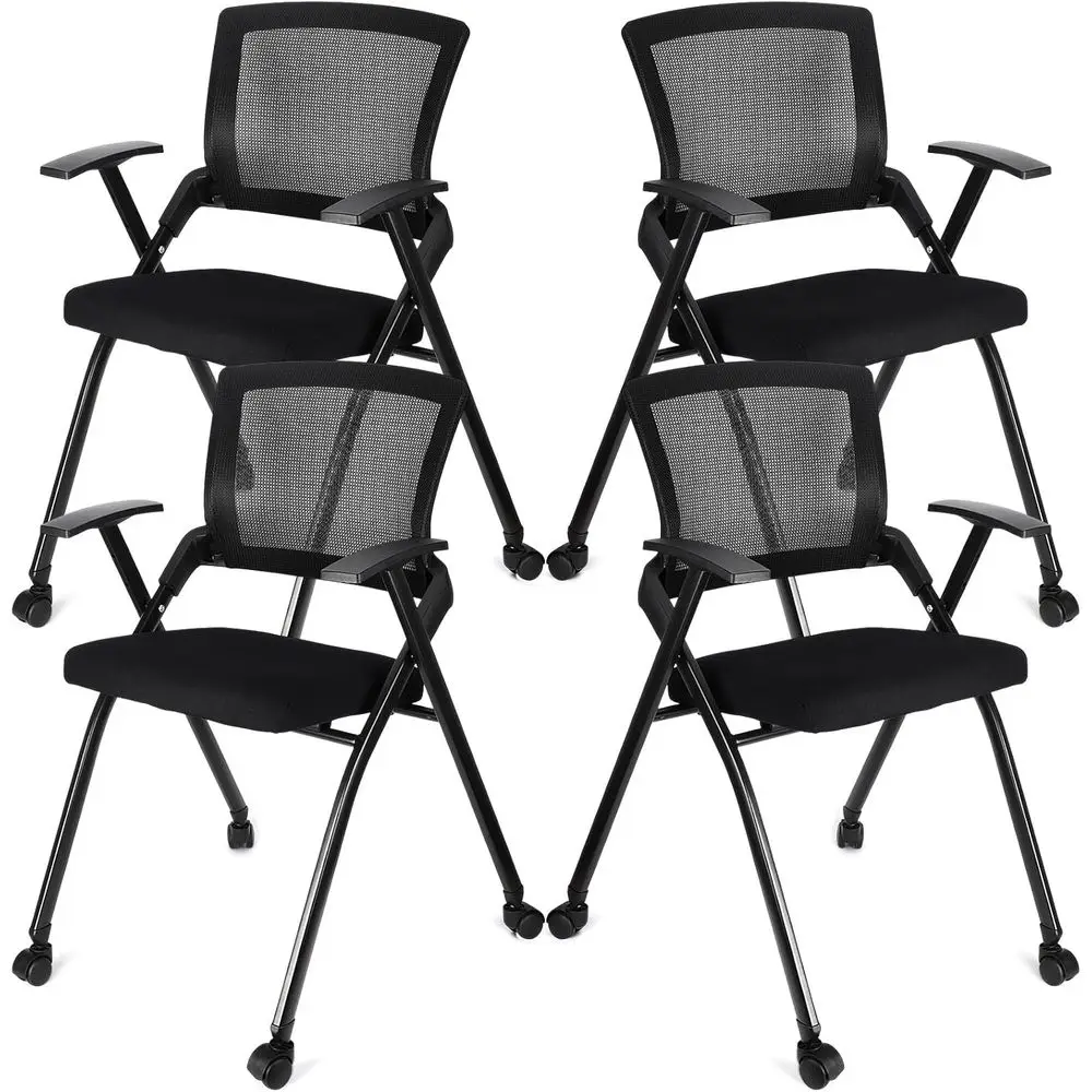 

4 складных офисных стульев с полиуретановыми колесами, поясничной поддержкой, подлокотниками, толстым дышащим сетчатым сиденьем, штабелируемые, для офиса или совещаний, комплект
