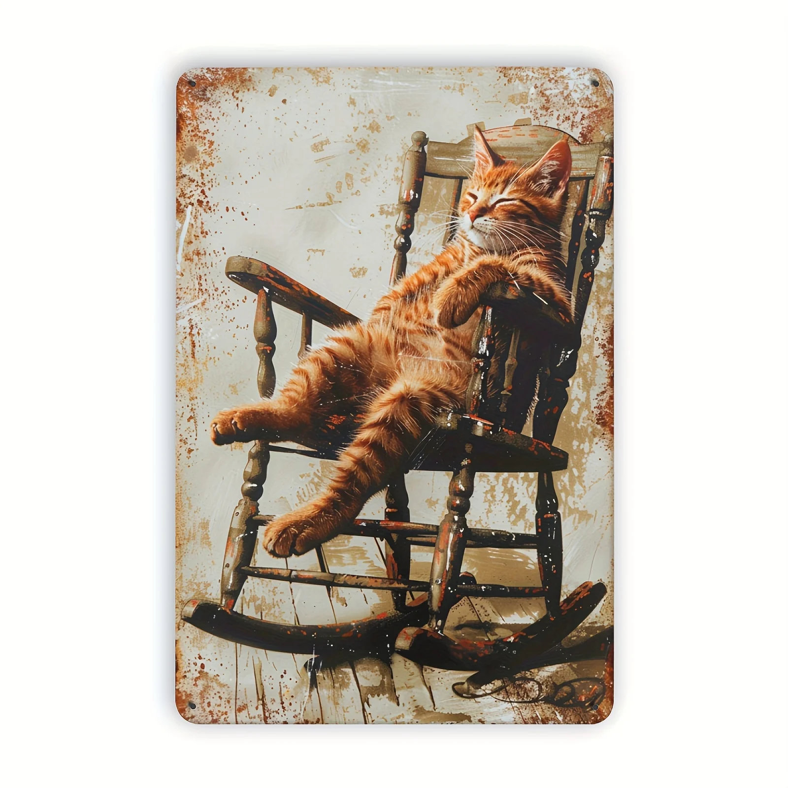 A Vintage-style Sign Depicting A Lazy Cat in A Rocking Chair - Suitable for Study/bedroom/living Room