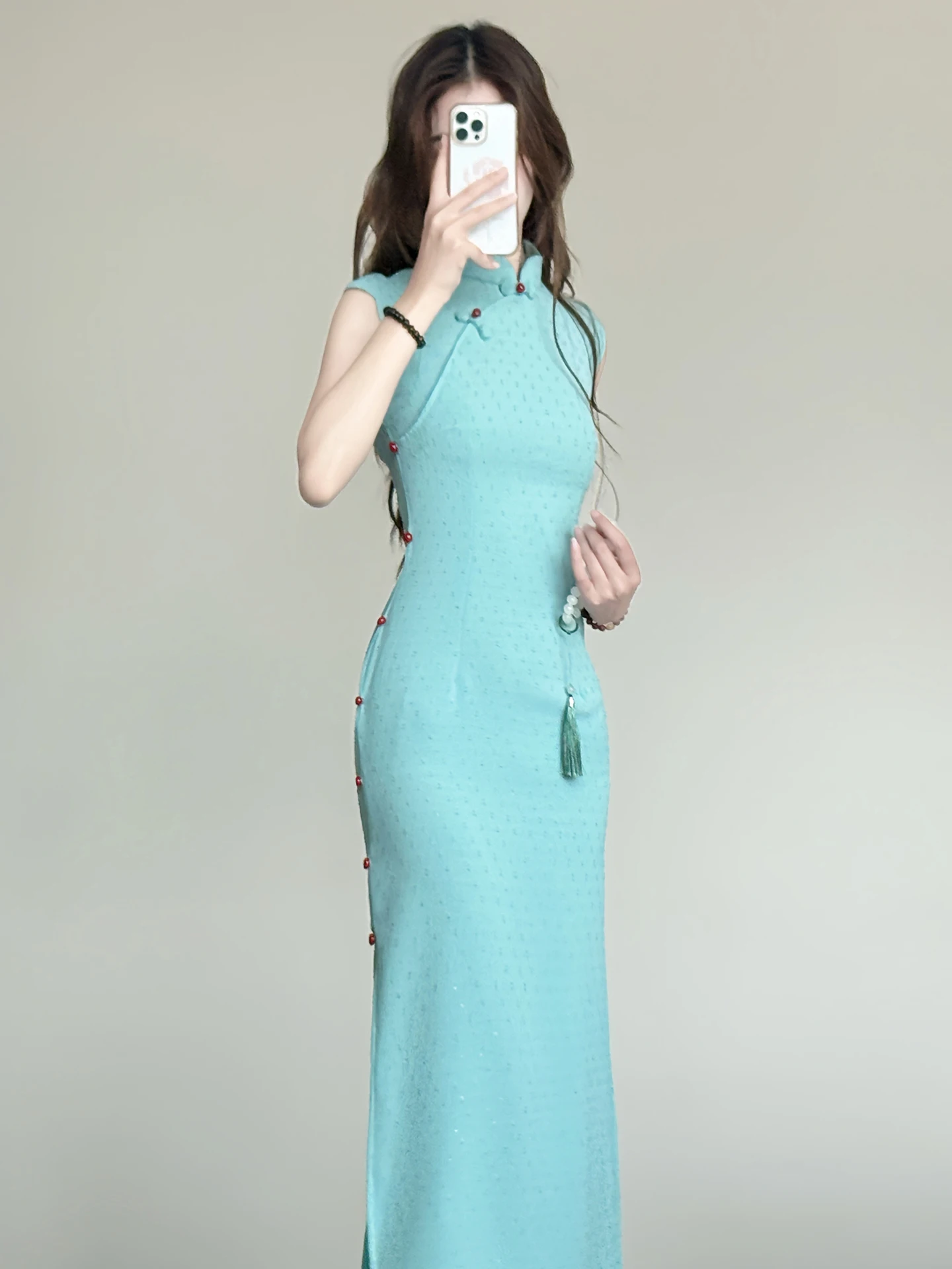 

Blue Sleeveless Silk Young Style Summer New Version Improved Chinese Daily Slimming Dress Breathable Long Skirt