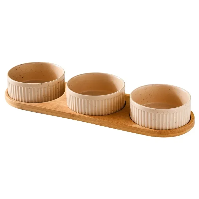 850ml Dogs Ceramic Bowl Double Triple Cat Food Water with Nordic Wooden Pet Drinking Pallets Eating Feeders Bowls Feeding