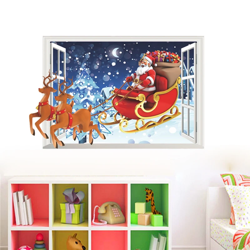 Santa Claus Merry Christmas 3d Window Wall Decal Living Room Decorative Sticker Mural Art Peel And Stick Kids Gift