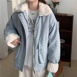 Korean Fashion Fur Collar Loose Jacket Women Oversized Zipper Up Thickened Coat Woman Patchwork Long Sleeve Winter Outwear Mujer