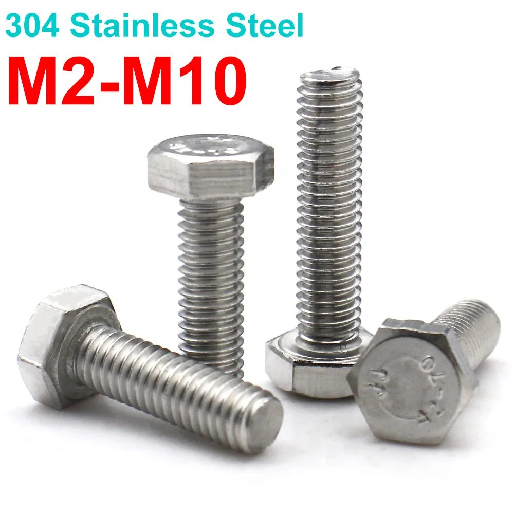 M2 M3 M4 M5 M6 M8 M10 304 Stainless Steel Hex Head Bolts Full Thread Hex Bolts Long Screws