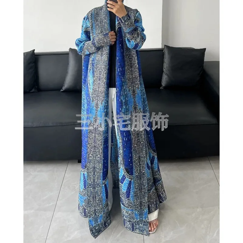 Muslim Abaya Women\'s Cardigan Dress with Blue Printed Robe for Eid Al Fitr, Ramadan Dubai Long Sleeved Lapel Cardigan Belt