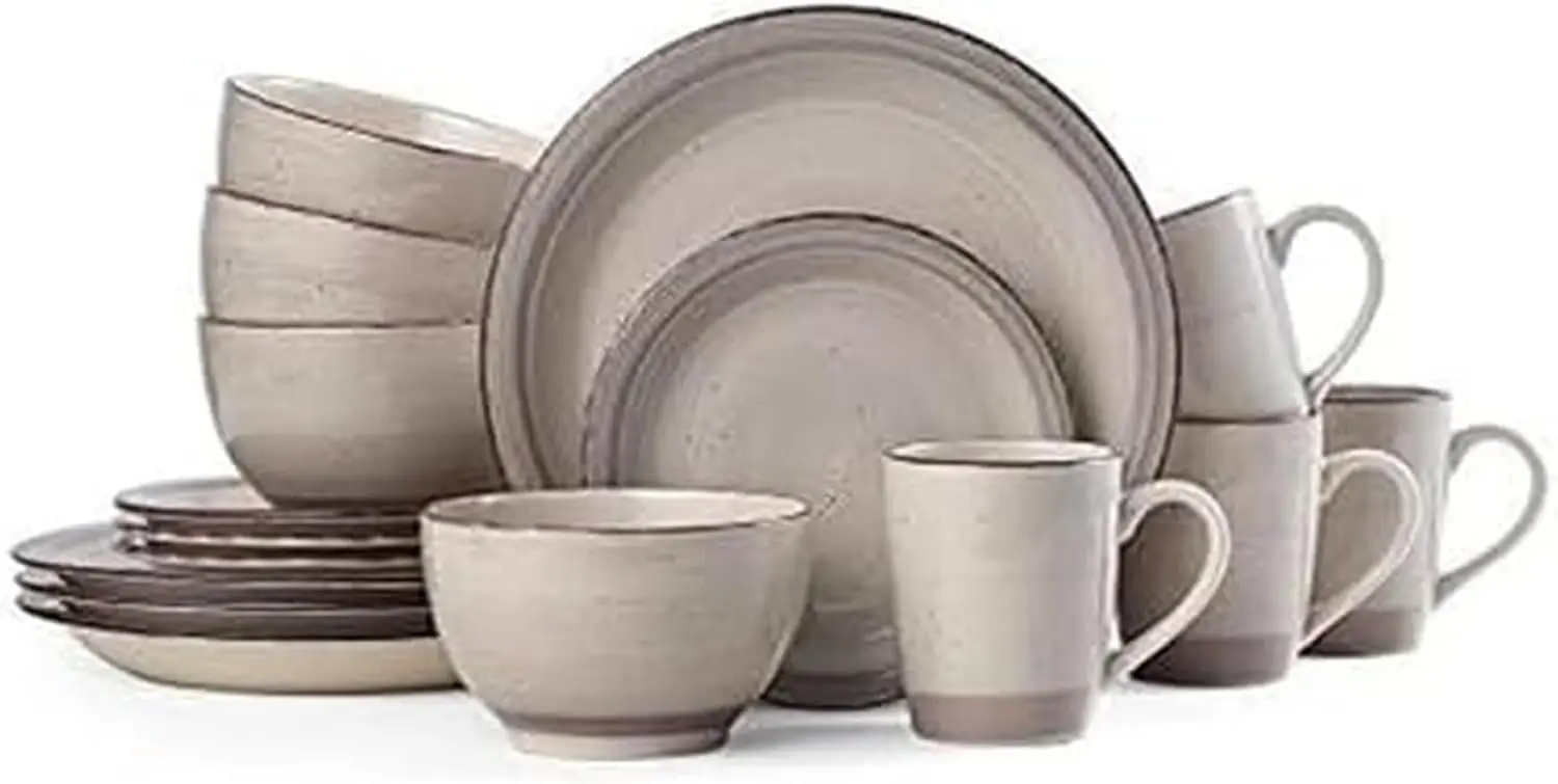 

16-Piece Stoneware Dinnerware Set for 4, Cream Dinner Plates, Salad Plates, Soup Bowls & Mugs, Microwave & Dishwasher Safe