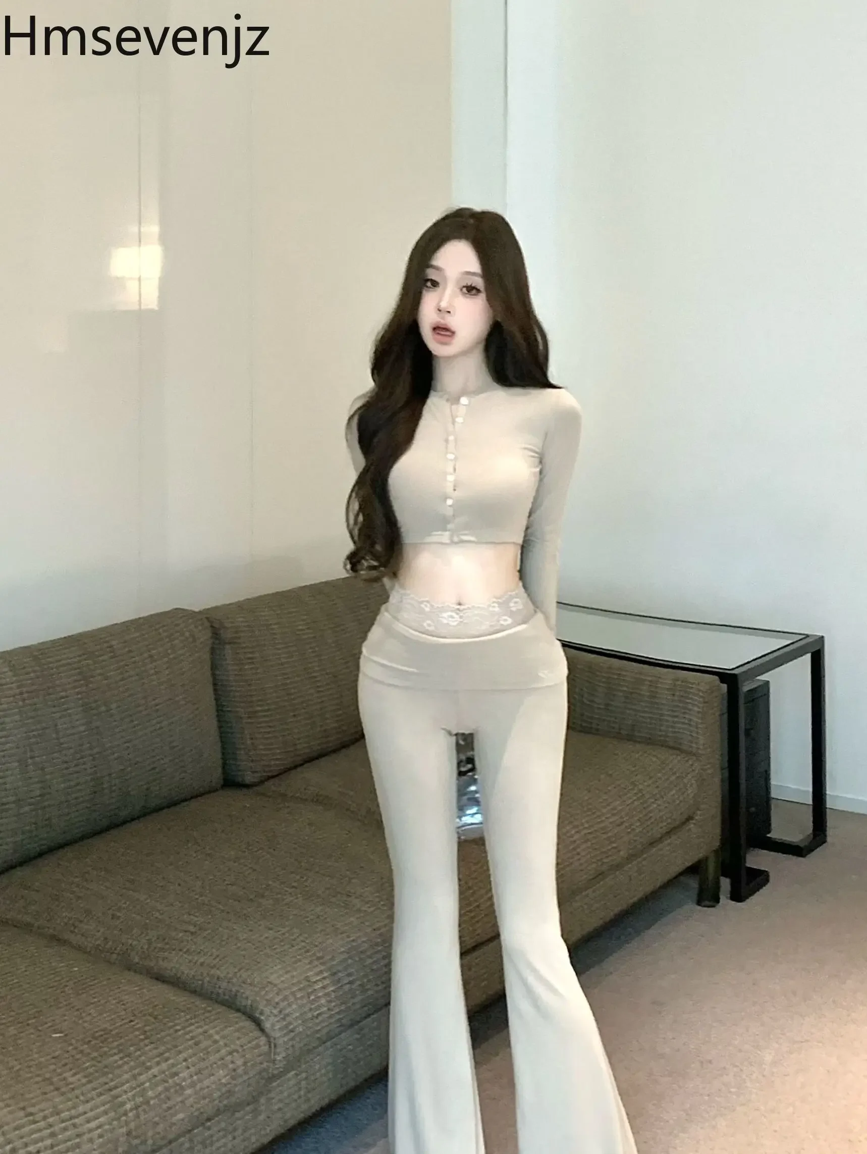 Conjunto de dos piezas de moda francesa para mujer, trajes informales y de estilo perezoso, Top corto con cintura ajustada, pantalones largos de cintura alta