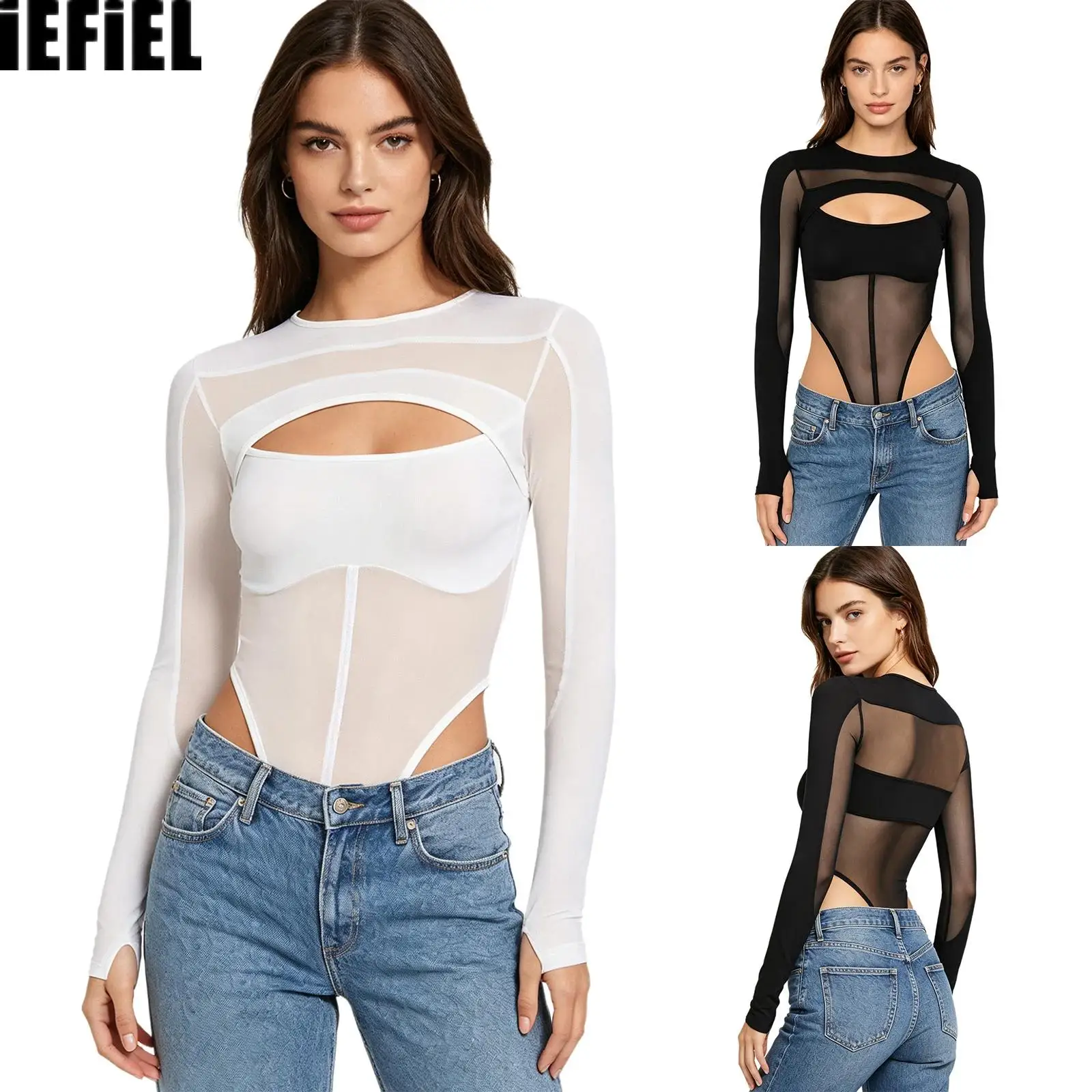 

Womens Chic Daily Bodysuit Leotard Sheer Mesh Patchwork Front Cutout High-cutting Buttoned Crotch Form-fitting Jumpsuit