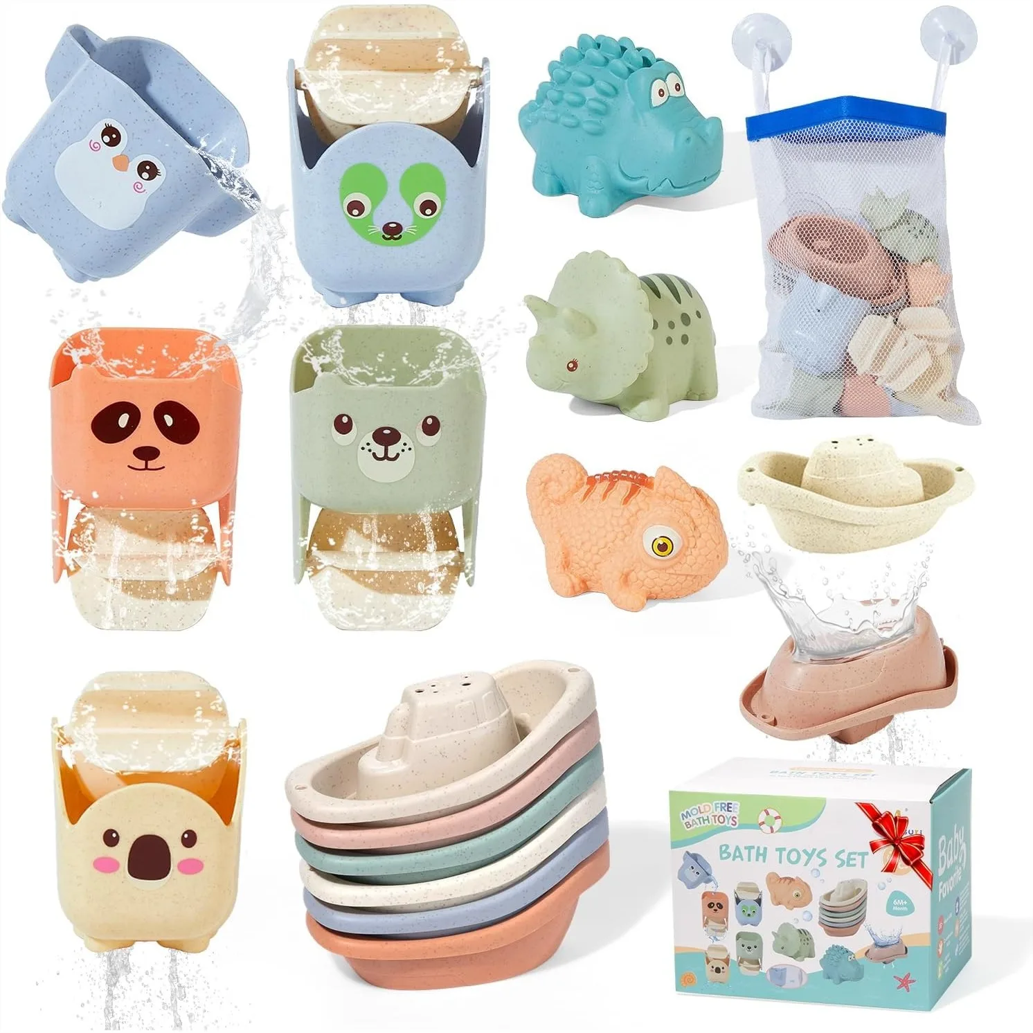 Baby Bath Toys for Kids Ages 1-3, 14 Pack Mold Free Toddler Bath Toys with Floating Boats & Cups, No Hole Bath Toy for Babies