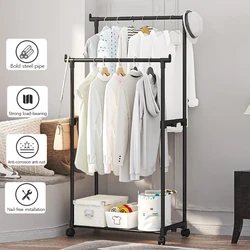 Floor Standing Coat Rack Movable Bedroom Double Rod Hanging Clothe Rack Multilayer Storage Rack For Clothes Hats And Shoe