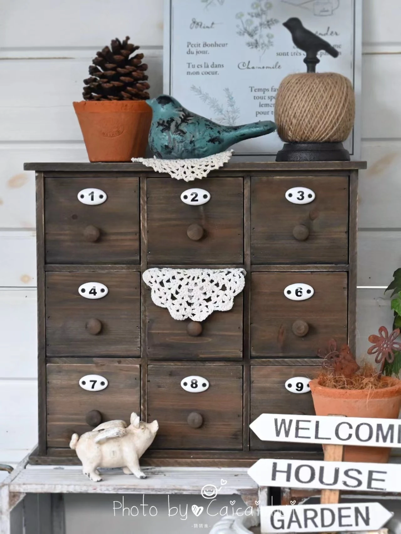 Vintage Wooden Storage Box with 9 Drawers and Compartments