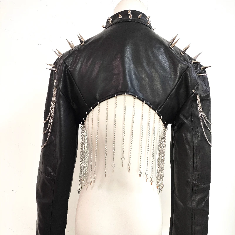 European American Punk Rivet Chain Tassel PU Leather Women's Jacket Autumn New Black Stand Collar Long Sleeve Short Coat Ladies