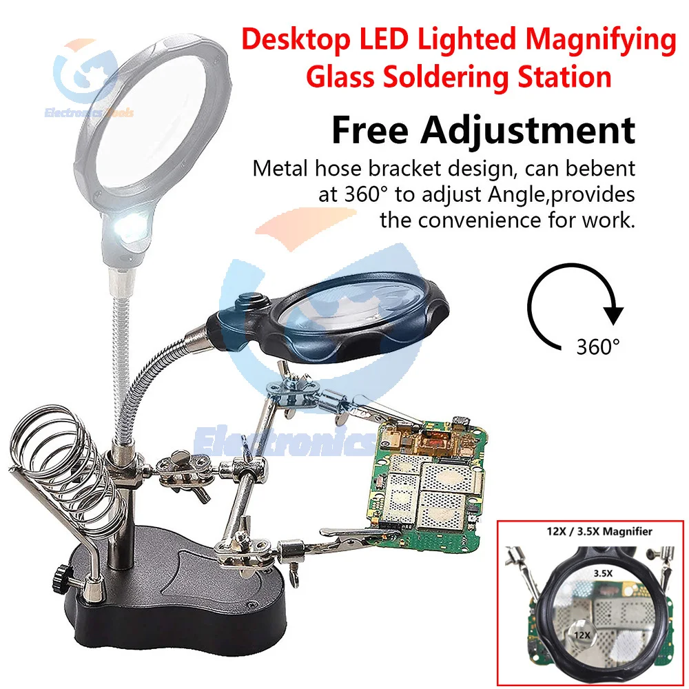 محطة لحام الحديد المحمولة LED عدسة مكبرة سبيكة لحام حامل محطة إعادة العمل سطح المكتب المكبر أداة إصلاح لحام