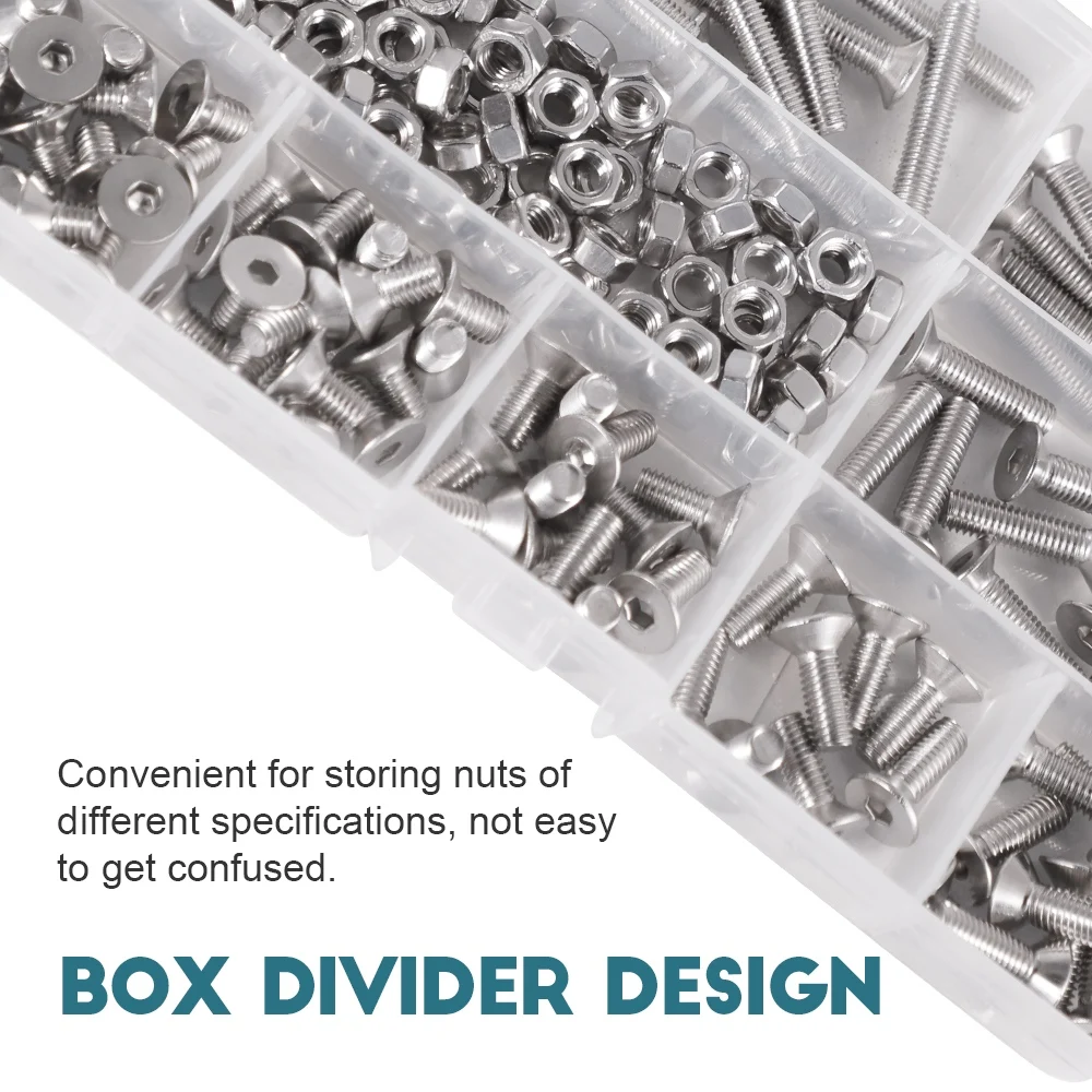M1.6 M2 M2.5 M3 M4 M5 M6 M8 Allen Hex Socket Flat Head Screw and Nuts Set 304 Stainless Steel Countersunk Bolts with Washer Kit