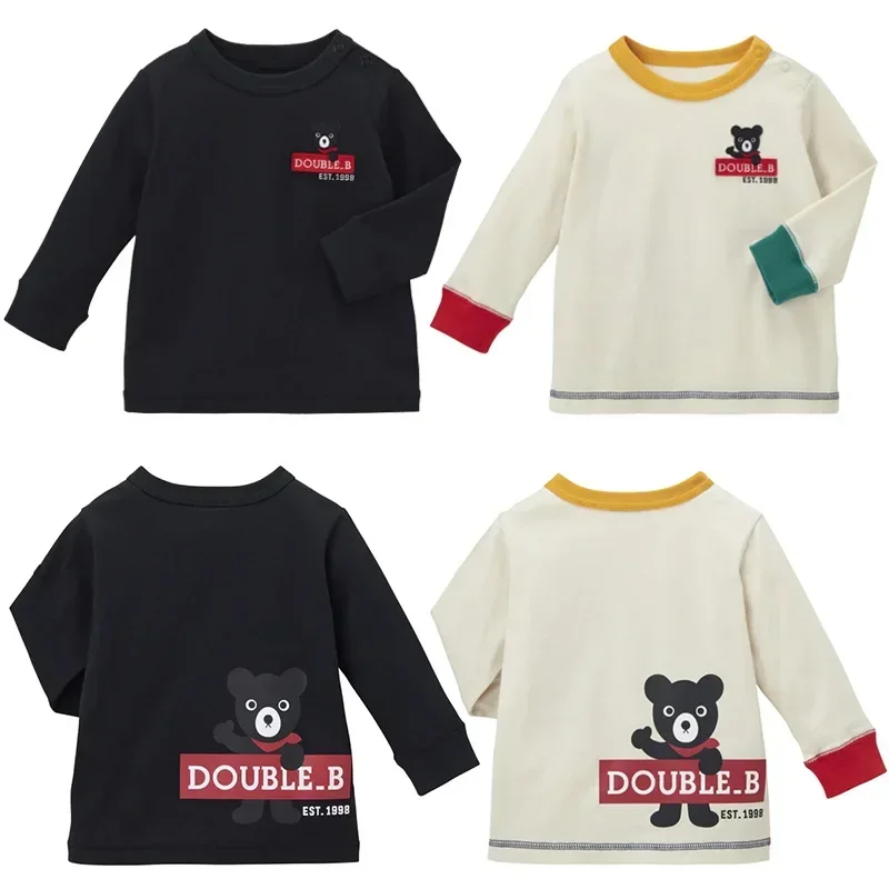 

2023 Fall Miki Kids Japanese Style Boy Cartoon Black Bear Color Block Long Sleeve T-shirt Round Neck Undershirt