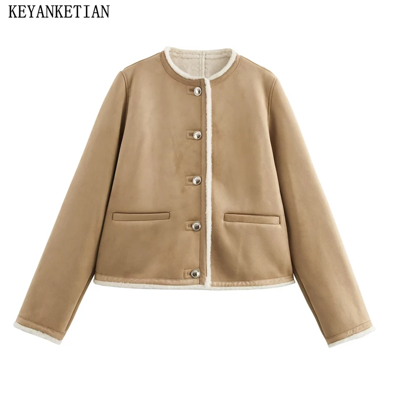 KEYANKETIAN 2024 Winter New Women's khaki Double Faced Fur Jacket Retro style Single Breasted Thick Warm Loose Greatcoat Blazer