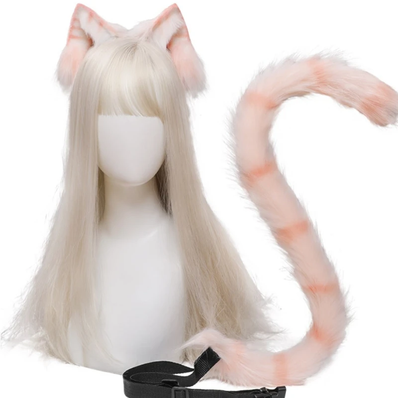 Anime-rekwizyty do Cosplay mysie uszy i ogon zestaw pluszowy futrzany uszy zwierząt Hairhoop z ogonem Fancy-Dress stroje imprezowe DXAA