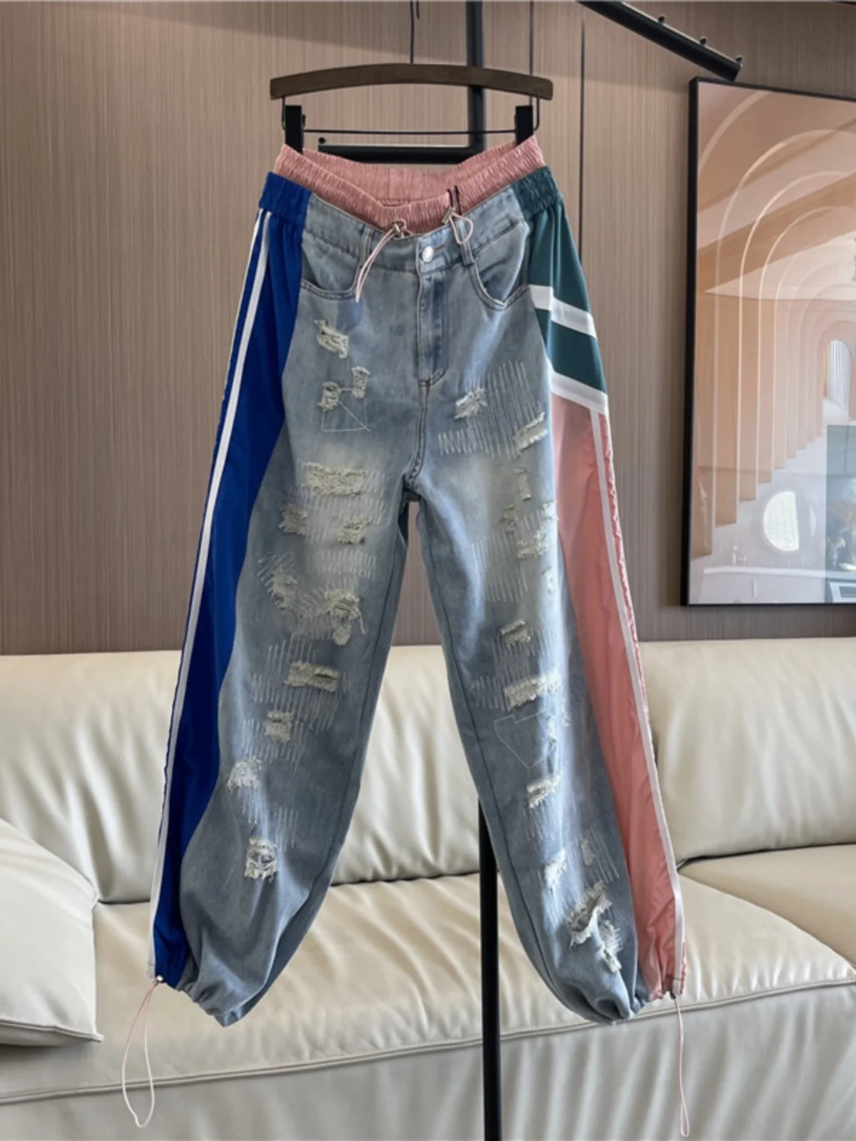 Fashion Color-block Elastic Waist Holes Jeans New Women's Frayed Patchwork Streetwear Denim Drawstring Loose Straight-leg Pants