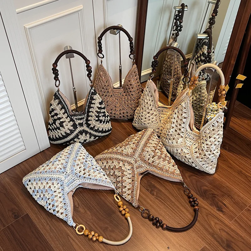 

Handwoven Hollow Out Straw Shoulder Bags for Women Casual Retro Wooden Bead Strap Totes Bags for Women Travel, Beach & Daily Use