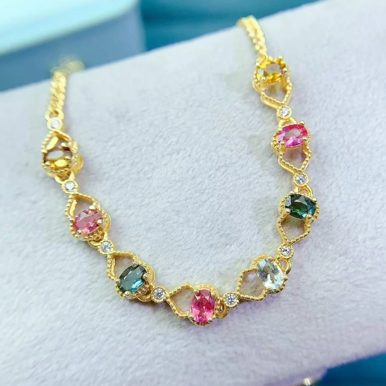 925 Silver Tourmaline Bracelet 4mm*3mm Multi-color Natural Tourmaline Silver Braceket with Certificate Birthday Gift for Women