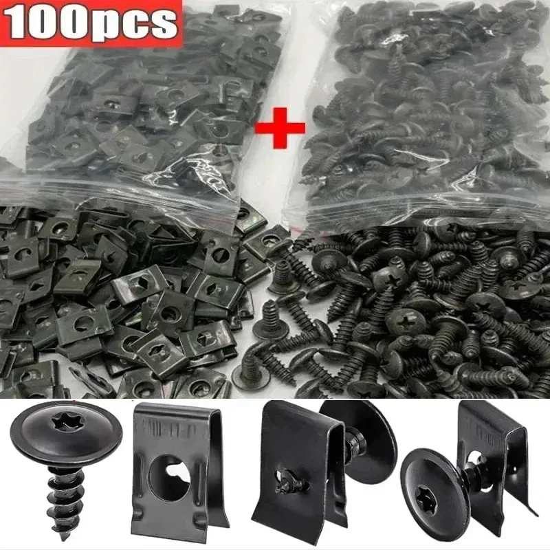 KJOY 100/50/10pcs U-Type Metal Clips with Screws for Car and Motorcycle Anti-Rust Tapping Fastener Assortment Set amagi