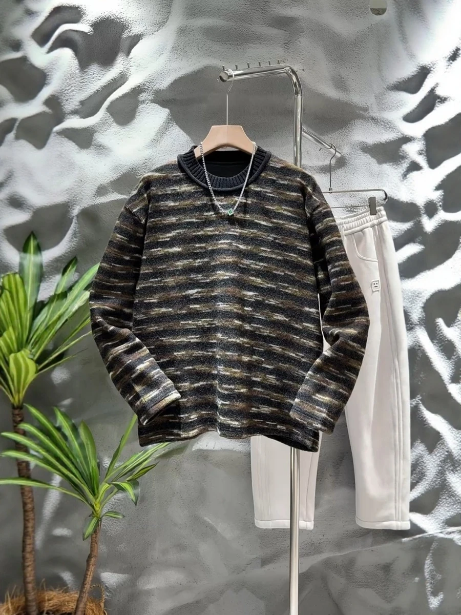 

Модный вязаный свитшот с круглым вырезом, в полоску, свободного кроя, мужской модный топ для осени и зимы, новинка