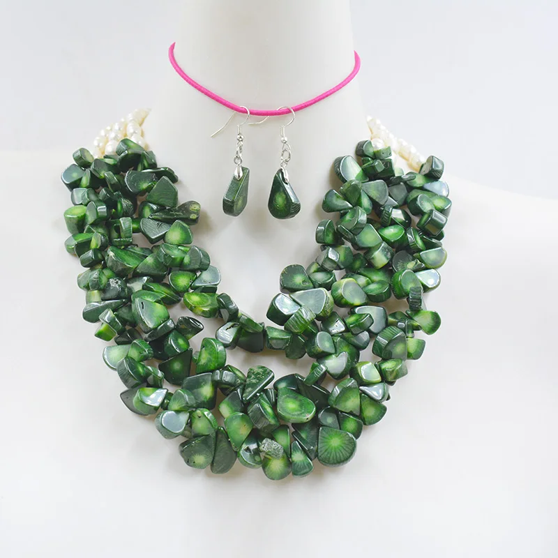 Fashion. Beautiful 3 row natural green coral white pearl necklace earring set. Women's Wedding Anniversary Jewelry