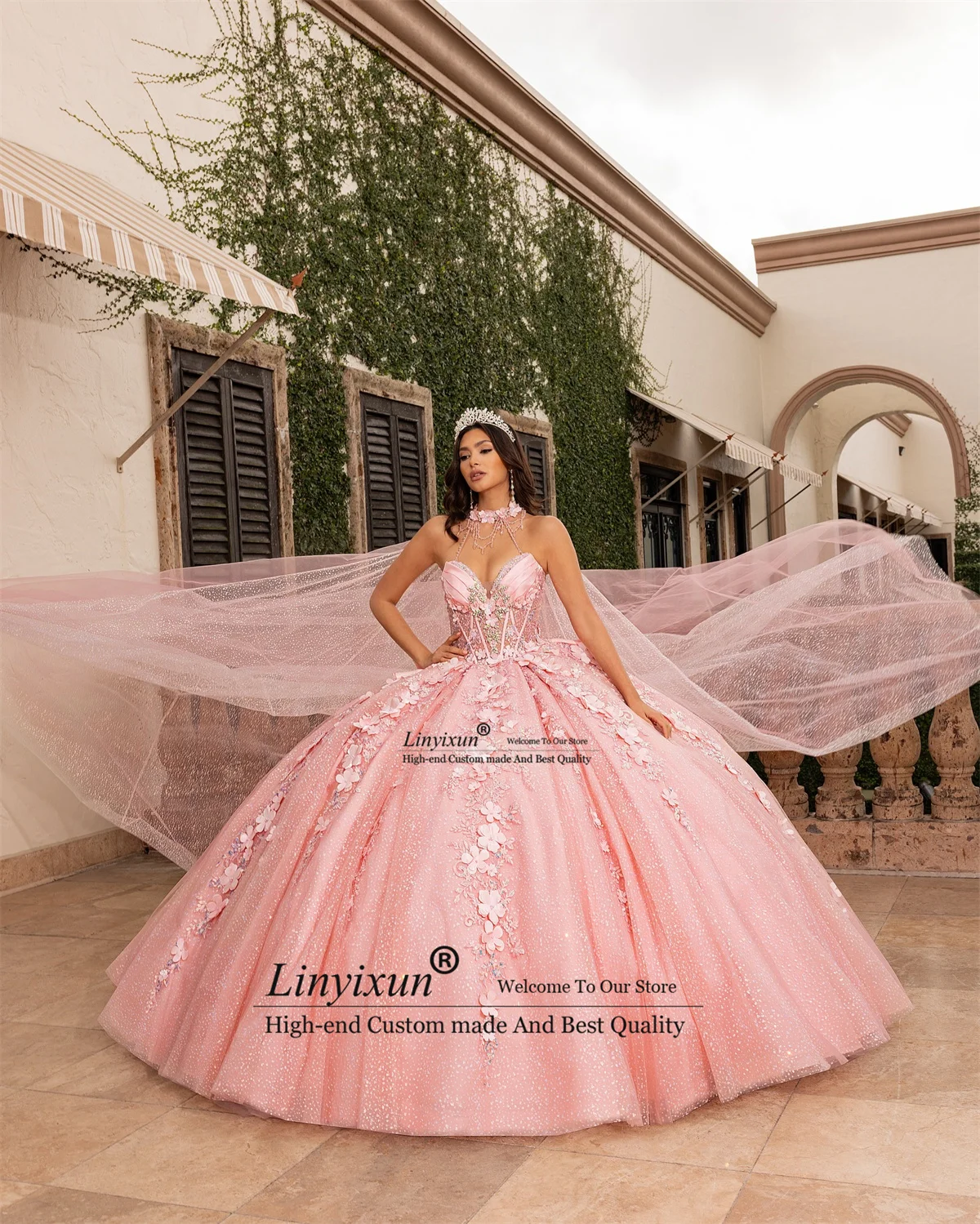 

Elegant Ball Gown 3D Floars Quinceanera Dresses With Lace Appliques Sweet 15 16 Gown Customized Mexican Vestido De 15 Anos